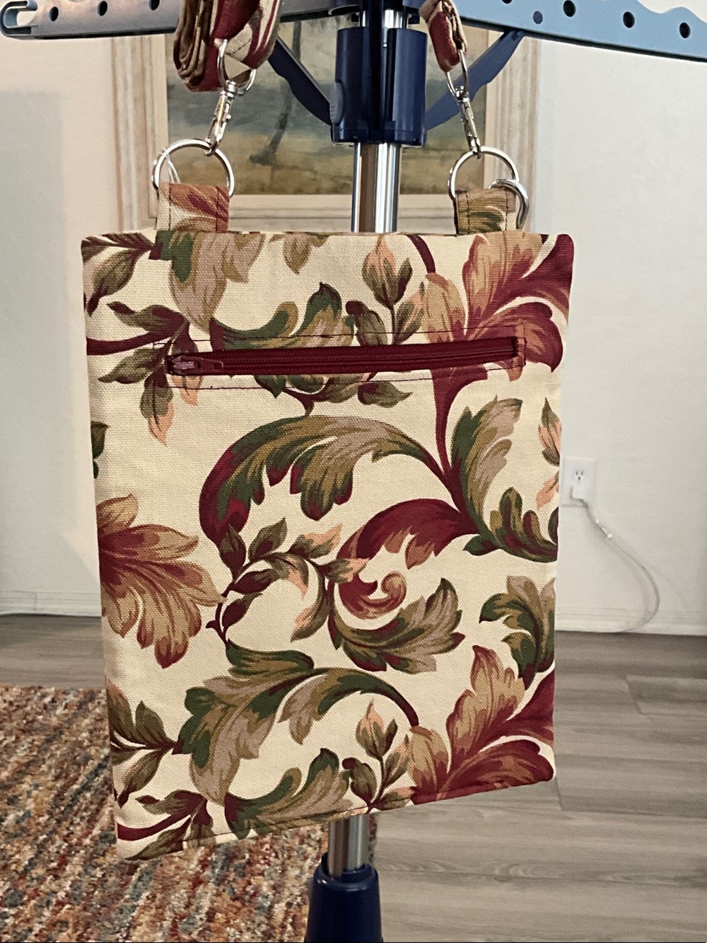 Floral Canvas Crossbody Bag in Cream, Burgundy & Green